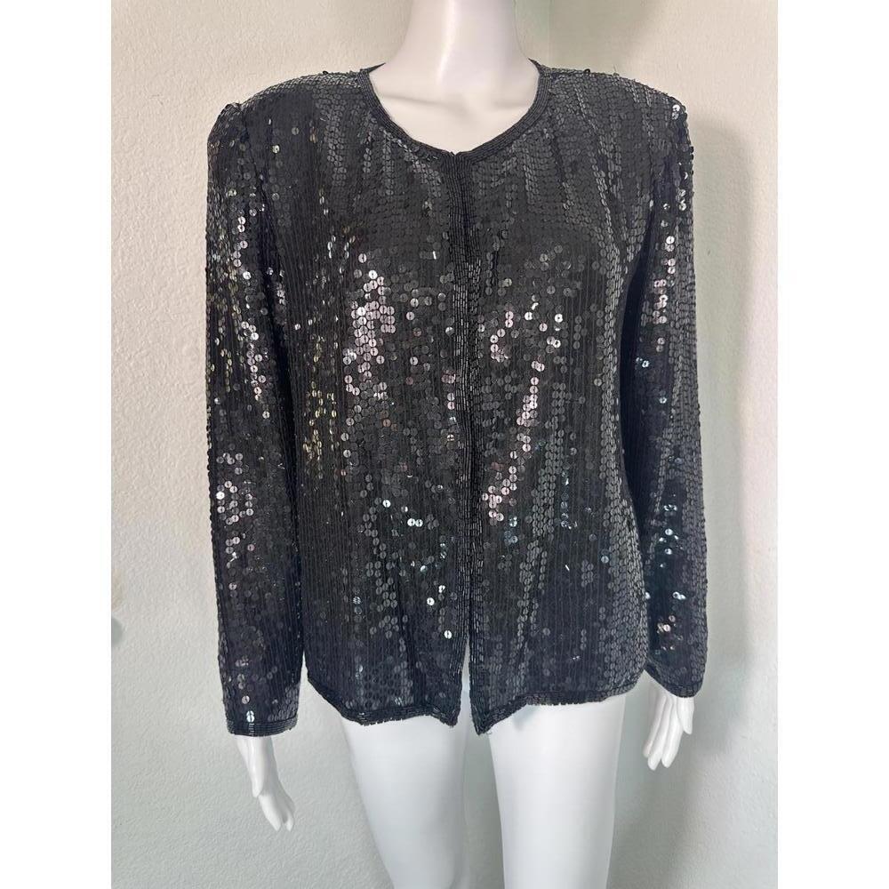 Women’s XL Stenay Black Sequin Silk Evening Jacket Y2K Glam